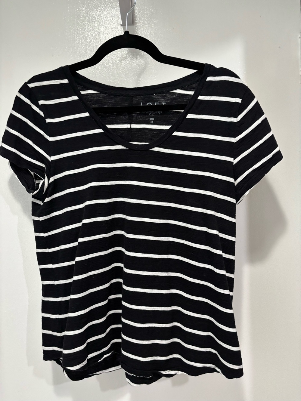 LOFT Black and White Striped V-Neck Short Sleeve Tee Medium